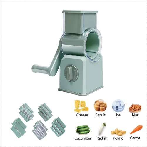Miniatura 5 de Rallador giratorio de queso con manivela, 5 cuchillas intercambiables para cortar verduras, base fuerte de ventosa para un uso seguro, extraíble