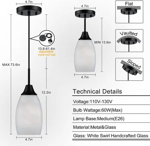 Miniatura 2 de Viinew Mini Lámpara Colgante de Vidrio, 1-Luz de Vidrio Artístico Ovalado Blanco Soplado a Mano Lámpara Colgante Suspendida para Isla de Cocina