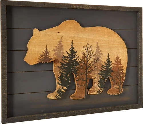 Miniatura 4 de NIKKY HOME Lindo oso en el bosque, arte decorativo de pared con marco de madera para cabaña, 40,6 cm x 30,5 cm, gris pizarra oscuro