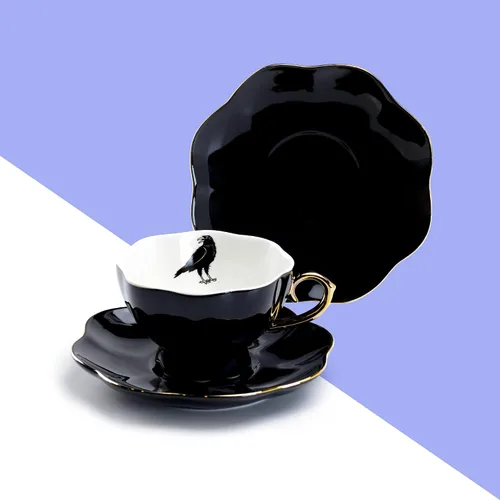 Miniatura 2 de Raven - Taza de té y platillo de porcelana fina negra con cuervo pintado a mano, color negro, blanco y dorado