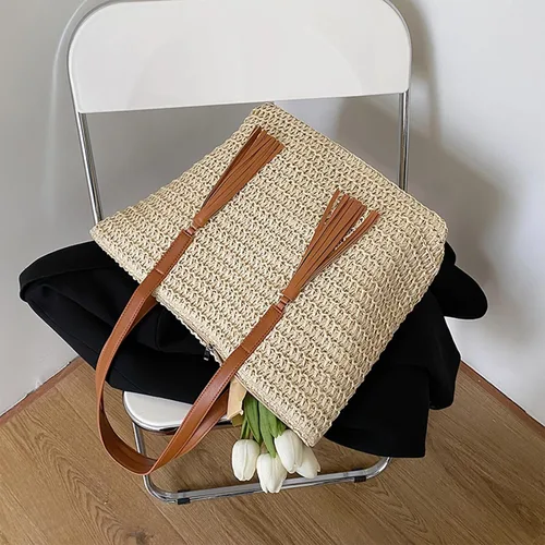 Miniatura 5 de Bolsa de playa de paja, bolsa de mano tejida de verano, bolso de hombro grande, bolsos de paja y bolsos para mujeres de vacaciones