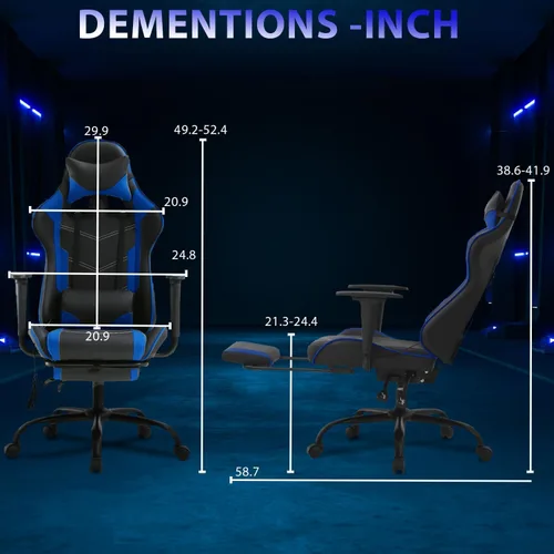 Miniatura 2 de Silla de juegos con reposapiés y soporte lumbar, silla reclinable de altura ajustable con respaldo alto para adultos, giratoria 360, color azul