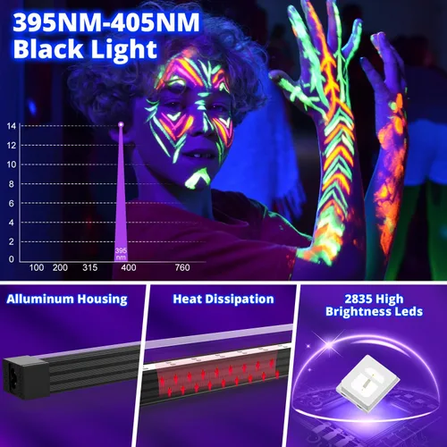 Miniatura 5 de 395NM Barra de luz negra de 18 W, tira de luz negra UV para fiesta brillante, luces LED negras enlazables con interruptor de encendido/apagado
