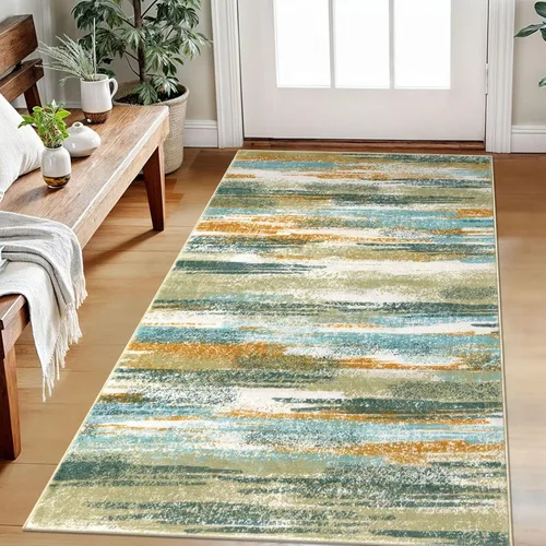 Miniatura 60 de Lansny Alfombra moderna abstracta de 2 x 5 pies, color negro, gris, blanco, lavable, alfombra de entrada para cocina, alfombra antideslizante suave