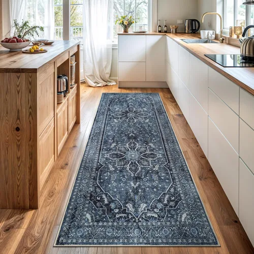 Bloom Rugs Caria Alfombra Lavable Antideslizante de 7 pies - Azul/Carbón Alfombra Tradicional para Entrada, Pasillo, Baño y Cocina - Tamaño Exacto: