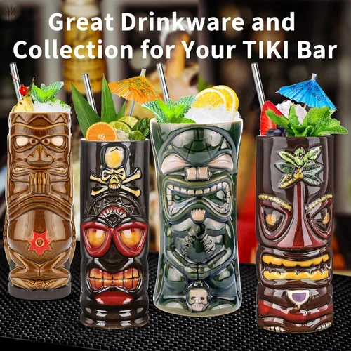 Miniatura 4 de SuproBarware Juego de 4 tazas Tiki de cerámica grandes Tiki tazas hawaianas Luau para fiestas, tazas Tiki Bar para cócteles