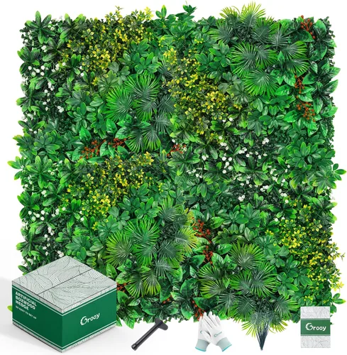 Miniatura 10 de Grooy Pared de césped artificial de seto de 20 x 20 pulgadas, 6 paneles de boj, paneles de fondo de vegetación, pantalla de valla de privacidad