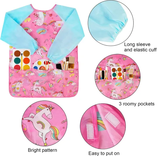 Miniatura 4 de Bassion Kids Art Smock Toddlers Painting Aprons Colorful Waterproof Children Artist Smock with Long Sleeve 3 Roomy Pockets