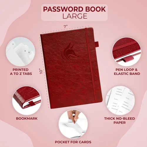 Miniatura 2 de Clever Fox - Libreta de contraseñas con pestañas alfabéticas, organizador de direcciones de Internet, tamaño grande, para inicios de sesión en Rojo