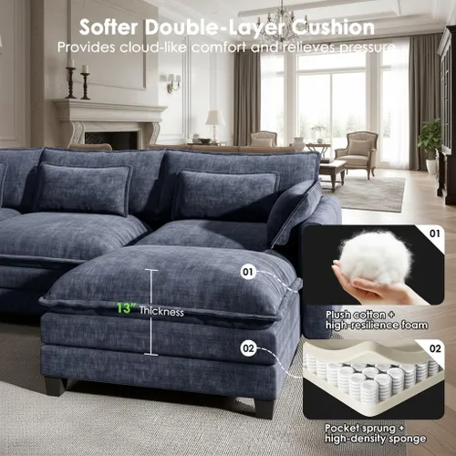 Miniatura 4 de Marsail Sofá modular modular de 110.6 pulgadas en forma de U, moderno y cómodo sofá nube, sofá de felpilla de 5 asientos con almohada y otomana Azul