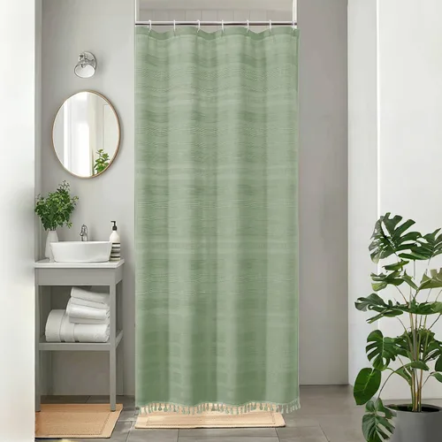 Miniatura 29 de OVZME Cortina de ducha bohemia negra, cortina de ducha estrecha de tela suave a rayas de lino texturizado con borla, moderna decoración de baño
