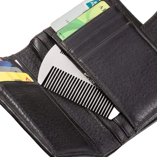 Miniatura 5 de AhfuLife Peine de metal para cabello y barba de acero inoxidable, peine antiestático de doble acción, peines de tamaño de tarjeta de crédito