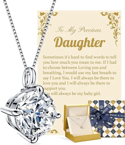 Beam & Bask Collar para hija adulta de mamá papá, cumpleaños, boda, graduación, colgante para hija de madre padre, joyería de moissanita de plata
