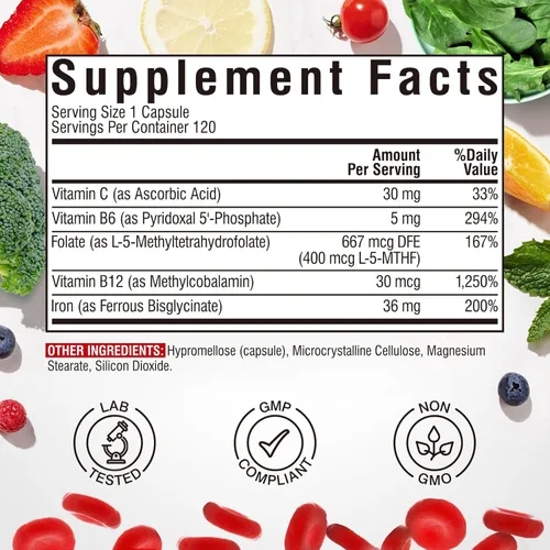 Miniatura 5 de Suplemento de hierro para mujeres y hombres, con vitaminas C, B6, B12 y folato para deficiencia de hierro, construcción de sangre y apoyo