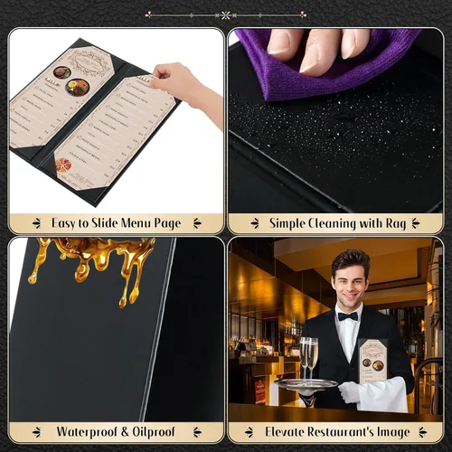 Miniatura 4 de Fundas para menú de restaurante de 4.25 x 11 pulgadas Paquete de 10 paneles de cuero sintético cuádruples con 6 esquinas anguladas para vista