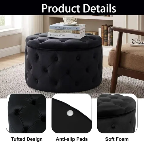 Miniatura 5 de Homebeez Otomana redonda de terciopelo de 24.8 pulgadas, reposapiés con botones copetudos, mesa de centro para sala de estar, color negro
