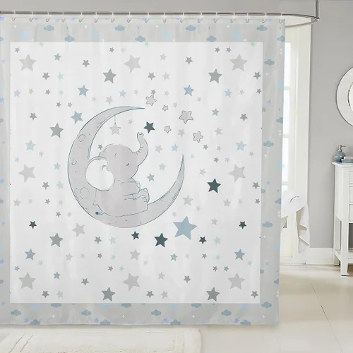 Cortina de ducha de elefante de dibujos animados para niños, color azul claro, gris, estrellas, luna, cortina de baño para niñas, niños, Multi 03