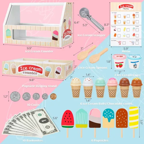 Miniatura 2 de ZJEFUNS - Juguetes de helado de madera para niños, mostrador de helados para niños pequeños, juego de simulación de alimentos, servir con cuchara