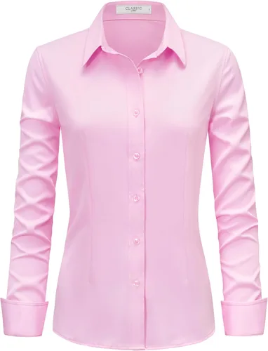Miniatura 12 de Camisas de vestir para mujer, de manga larga, con botones, elástica, sin arrugas, color liso, casual, para el trabajo, oficina, blusa