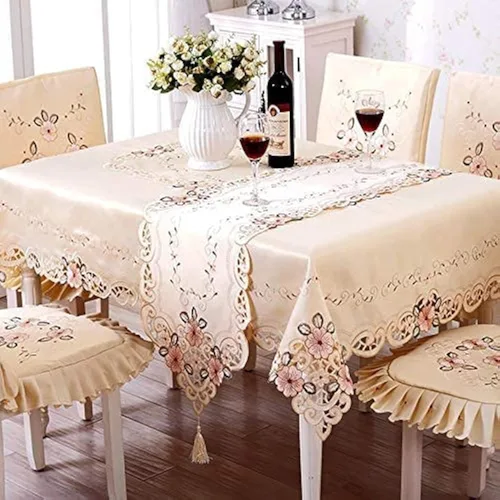 Miniatura 12 de LeLehome - Mantel de encaje bordado con flores cafés, color crema y beige, diseño clásico y tela que no se arruga para mesa de comedor