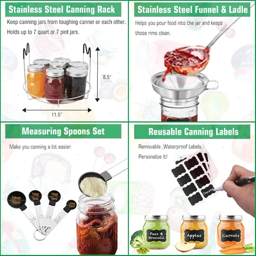 Miniatura 6 de Kit de inicio de suministros de enlatado, juego de herramientas de enlatado de acero inoxidable: estante, cucharón, cucharas medidoras, embudo
