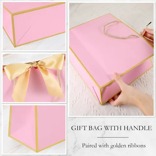 Miniatura 7 de Silkfly 12 bolsas de regalo con asas para dama de honor, 12 x 10 x 4 pulgadas, elegantes bolsas de regalo de bienvenida de boda con lazo para Rosa