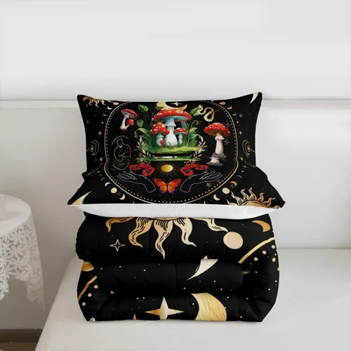 Miniatura 7 de Juego de edredón de champiñones para niños, tamaño individual, juego de ropa de cama romántica con sol, luna, cielo estrellado y galaxia, decoración
