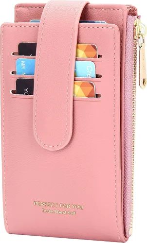 Miniatura 8 de OIDERY Cartera con tarjetero RFID para mujer, delgada, plegable, con cremallera, organizador de tarjetas, carteras con caja de regalo, Rosado