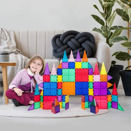 Miniatura 8 de PicassoTiles Paquete de 100 azulejos magnéticos + 40 piezas de clip para ventanas y puertas: STEAM juego educativo para juegos de construcción