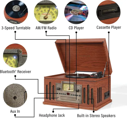 Miniatura 3 de Crosley CR704B-PA Musician Tocadiscos de 3 velocidades con radio, reproductor de CD/casete, entrada auxiliar y Bluetooth, color paprika