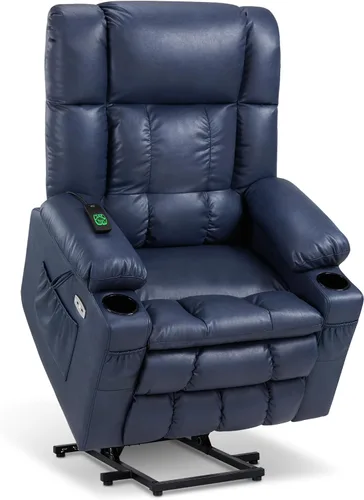 Miniatura 32 de MCombo Silla reclinable eléctrica de motor dual para adultos mayores, silla de elevación plana con calor y masaje, portavasos, puertos USB, piel