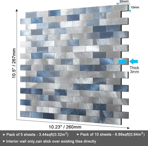 Miniatura 6 de BeNice Azulejos para salpicaduras de cocina, despegar y pegar, azulejos de metal para pared de baño, azulejos de pared de baño, color azul (10 hojas)