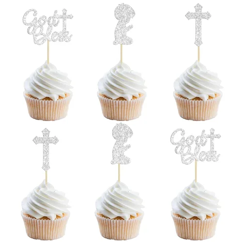 Miniatura 10 de Gyufise 24 piezas de decoración de cupcakes con purpurina azul que Dios bendiga y cruz, decoración de pastel para baby shower, bautismo, fiesta