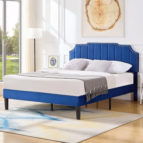 Miniatura 17 de VECELO Base de cama tapizada de terciopelo tamaño Queen con ribete de clavos, cabecera ajustable en altura copetuda, cama vintage con listones