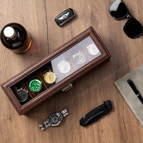 Miniatura 3 de ProCase Caja para reloj, caja de exhibición de 6 ranuras con cajón, caja de reloj para hombre con tapa de vidrio, organizador de almacenamiento