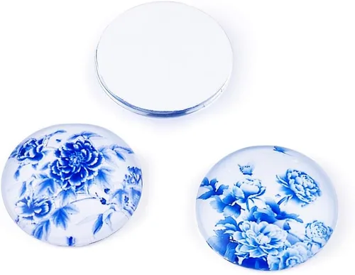 Miniatura 4 de Craftdady 200 unidades de cabujones de cristal con estampado de flores azules y blancas de 0.394 in con parte trasera plana media redonda