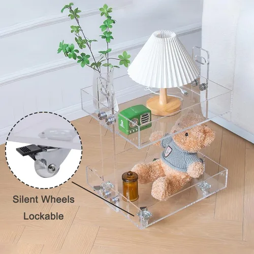 Miniatura 4 de Gdrasuya10 Mesa auxiliar de acrílico transparente con ruedas, mesa auxiliar de acrílico de 2 niveles, carrito de servicio rodante, mesa