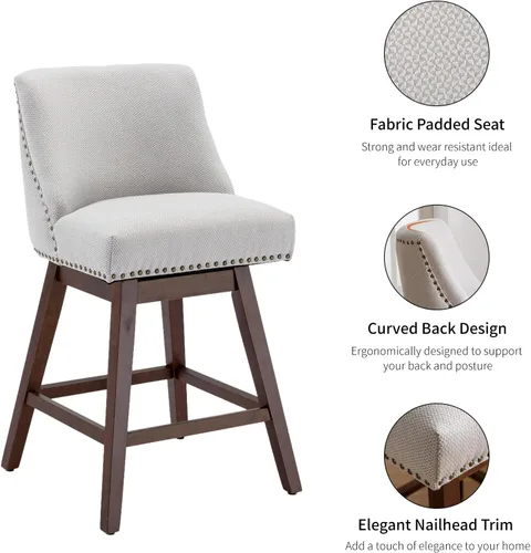 Miniatura 5 de Juego de 2 taburetes de bar giratorios modernos, taburetes de bar de 26.6 pulgadas de altura de mostrador beige con respaldo para isla de cocina