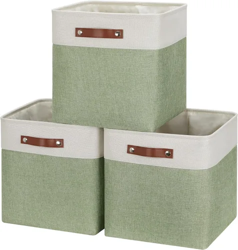Miniatura 32 de HNZIGE Cestas organizadoras grandes de tela (3 unidades), canastas decorativas plegables con asas de cuero (crema, 15 x 11 x 9.5 pulgadas)