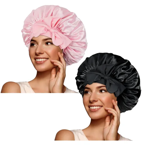 Miniatura 18 de Gorro de satén de seda para dormir con banda ancha para cabello rizado, color rosado oro rosa claro