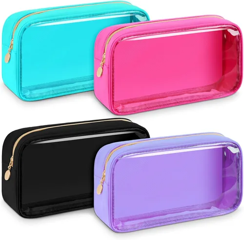 Miniatura 8 de Hushee 4 bolsas de maquillaje de nailon transparente para mujeres, bolsa de cosméticos preparatoria, bolsa de aseo de viaje de PVC, bolsa