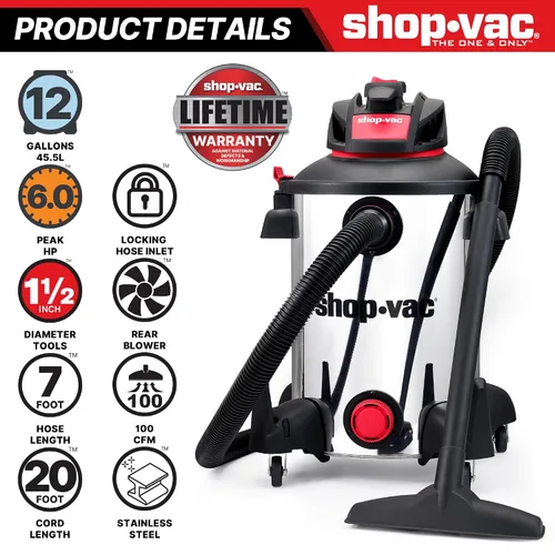 Miniatura 3 de Shop-Vac 5761311 Aspiradora para uso húmedo y seco de 12 galones, 6 HP máximo, manguera de 1.5 pulgadas de diámetro x 7 pies, cable de 20 pies