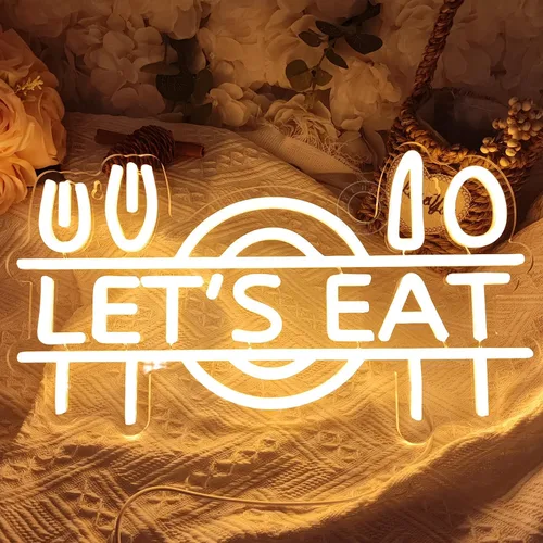 Miniatura 4 de SYLHOME Letrero de luz LED de neón con texto en inglés "Let's Eat", tenedor, cuchillo, cuchara, plato, plato para restaurante de alimentos, cocina