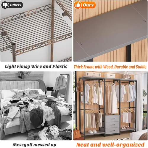 Miniatura 7 de Aheaplus Perchero de ropa resistente para colgar ropa, estante de ropa con cajones, estante de madera para armario independiente, organizador de Gris