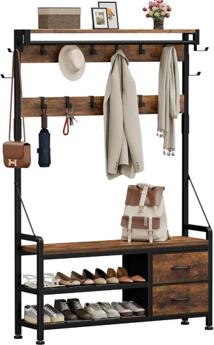 Miniatura 10 de Lulive Hall Tree, banco de entrada de 31.5 pulgadas con perchero independiente, banco de zapatos de diseño inteligente 5 en 1 y estante de pared, 17