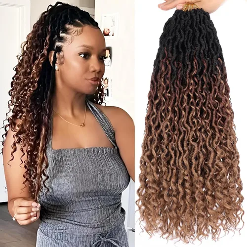 COOKOO 18 pulgadas New Goddess Locs Crochet Hair 8 paquetes Ombre 3 tonos, onduladas, pelo sintético con rizos, trenzas de ganchillo rizadas