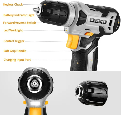 Miniatura 2 de Taladro inalámbrico DEKOPRO de 8 V, juego de taladro con mandril sin llave de 3/8 pulgadas, 42 piezas de accesorios, LED incorporado, cable de carga