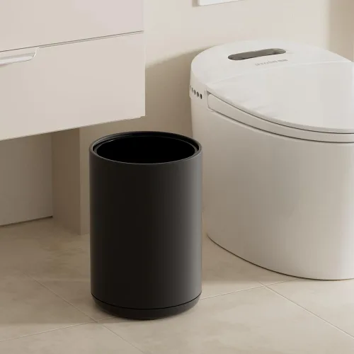 Cubo de basura pequeño de 8 litros/2.1 galones, moderno bote de basura de metal negro, cubo de basura grande abierto con doble barril para NEGRO-8L