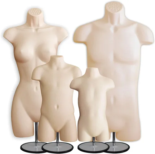 Miniatura 18 de 4 formas de maniquí negro con soportes de metal - Juego de maniquíes colgantes de torso largo para hombre, mujer, niño y bebé con cadera