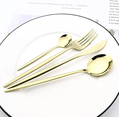Miniatura 2 de Juego de cubiertos de acero inoxidable 18/0 con espejo, 24 piezas, incluye cuchillo, tenedor, cuchara, cucharadita, cubiertos para el hogar, Dorado